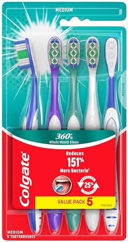 Colgate 360 Whole Mouth Clean Toothbrush, Adult Medium Toothbrushes, 5 Count (Pack of 1)