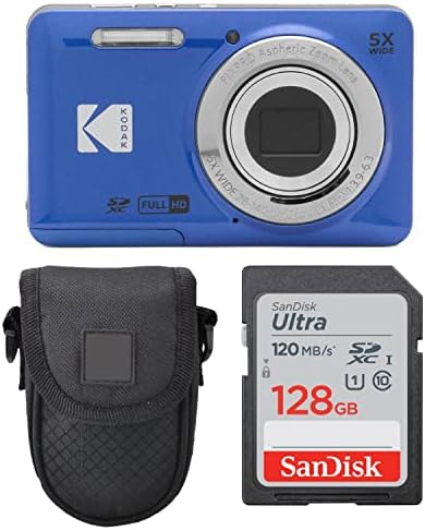 Kodak PIXPRO FZ55 Digital Camera (Blue) + Point & Shoot Camera Case + Sandisk 128GB SDXC Memory Card