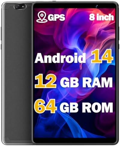 Tablet 8 inch, Android 14 Tablet with GPS Built in,12GB RAM 64GB ROM (1TB Expand), 8MP Camera, 2.0GHz Processor, 2.4GHz&5GHz Wi-Fi/BT5.0, FHD Screen Tablets for Gaming