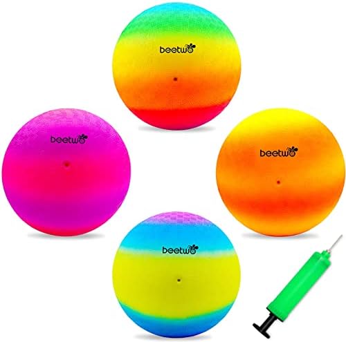 Four Square Balls, 8.5 Inch Playground Ball for Kids Outdoor Dodgeball Kickball Handball Game with Hand Pump