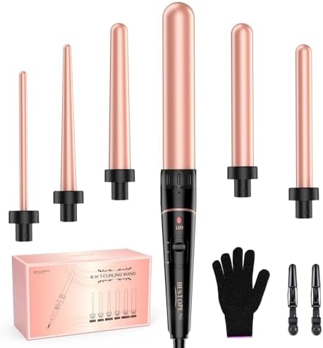 Long Barrel Curling Iron Wand Set, BESTOPE PRO 6 in 1 Curling Wand Set with Ceramic Barrel for Long/Medium Hair, 0.35"-1.25" Interchangeable Hair Wand Curler, Dual Voltage, Include Glove & Clips