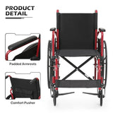 monicare Wheelchairs for Adults Transport Flip Back Padded Arms and Detachable Swing Away Footrests 18" Wide Seat Wheel Chair, 300lb Capacity, Red