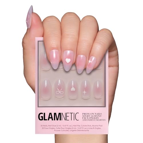 Glamnetic Press On Nails - Lovers Knot | Short Almond Nails with Bow Accents, Reusable Stick On Fake Nails with Glue| Love In Bloom Spring Nails | 15 Sizes - 30 Nail Kit with Glue
