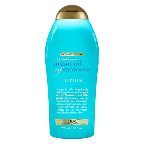 OGX Radiant Glow + Argan Oil of Morocco Extra Hydrating Body Lotion for Dry Skin, Nourishing Creamy Body & Hand Cream for Silky Soft Skin, Paraben-Free, Sulfated-Surfactants Free, 19.5 fl oz