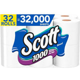 Scott 1000 Toilet Paper, 32 Rolls, Septic-Safe, 1-Ply Toilet Tissue , White