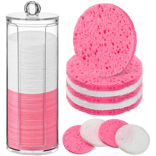 Sieral 120 Pcs Compressed Facial Sponges with Container Disposable Face Sponge Pads for Washing Face Cleansing Exfoliating Esthetician Makeup Removal(Round,White, Pink)