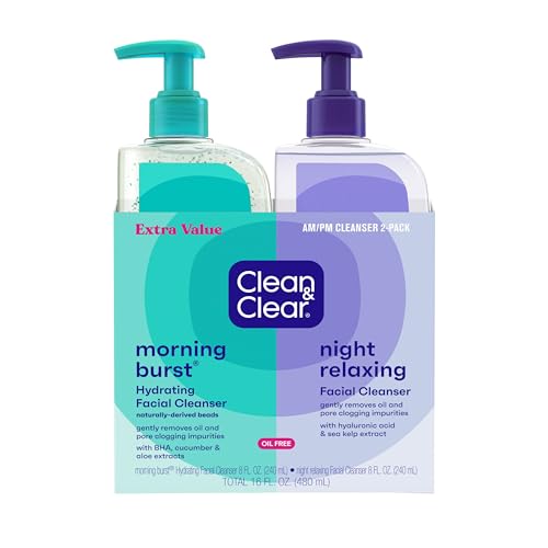 Clean & Clear 2-Pack Day & Night Daily Face Cleansers, Morning Burst Hydrating Facial Cleanser & Night Relaxing Deep Cleansing Face Wash, Oil-Free & Won't Clog Pores, 2 x 8 fl. oz