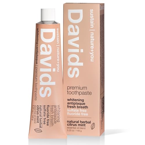 Davids Fluoride Free Toothpaste, Teeth Whitening, Antiplaque, SLS (Sulfate) Free, Promotes Enamel Health, Mouth & Gum Detox, EWG Verified, Natural Herbal Citrus Mint, 5.25oz
