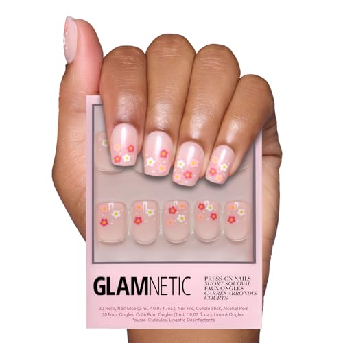 Glamnetic Press On Nails - Pretty Bloom | Short Squoval Nails with Flower Accents, Reusable Stick On Fake Nails with Glue | Love In Bloom Spring Nails | 15 Sizes - 30 Nail Kit with Glue