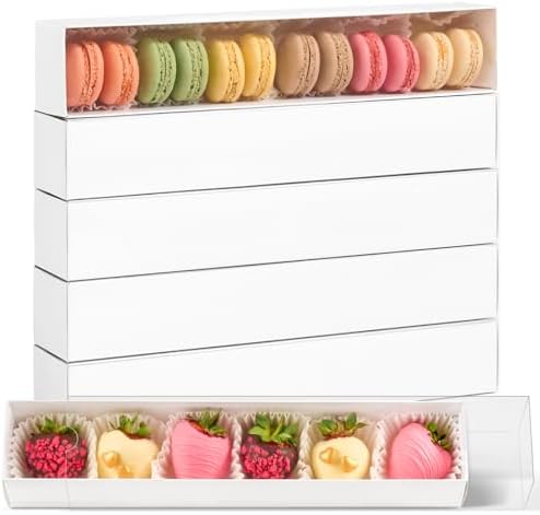 24 Pack Chocolate Covered Strawberry Boxes, 12 x 2¼ x 2 Inch Long Drawer Macaron Boxes with Full Clear Window Truffle Boxes Valentine's Day Cookies Boxes