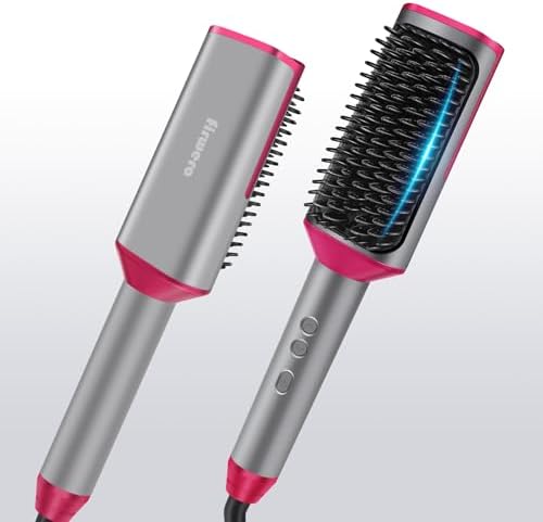 Hair Straightener Brush Straightening Comb - Ionic Heated Brush Straightener for Women, Plus 3x Dense Bristles Ceramic Styler for Thick Curly Hair, 16 Temps, 2 in 1 Flat Iron Brush Dual Voltage Travel