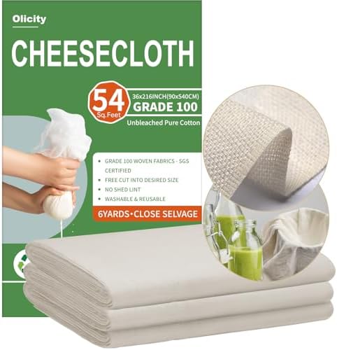 Olicity Cheese Cloths, Grade 100, 54 Sq Feet, Reusable Cheese Cloth with Closed Edges Fabric Fine Mesh Cloth, Unbleached Cotton Muslin Cheesecloth for Straining, Milk, Baking, Free Cutting - 6 Yards