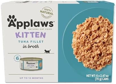 Applaws Natural Wet Kitten Food in Broth, Limited Ingredient Canned Wet Kitten Food, No Additives, Made with Natural Ingredients, Tuna Fillet in Broth (6 x 2.47oz Cans)