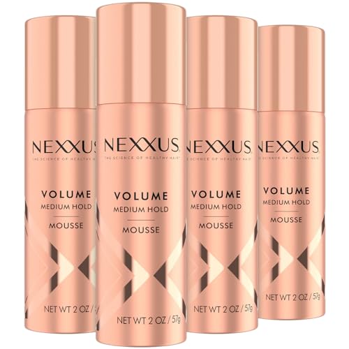 Nexxus Travel Mousse, Volume Medium Hold 4-Pack – 72-Hour Anti-Humidity Shield, 48-Hour Frizz Control, Rose Fragrance, 2 Oz Ea