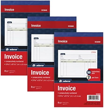 Adams Invoice Book 3 Pack, 2 Part Carbonless Invoices, Horizontal Sales Slip, 5-9/16 x 8-7/16 Inches, 50 Sets per Book (DC5840-3)