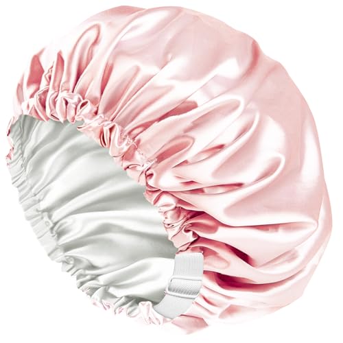 Shower Cap,100% Real Satin Lined Shower Cap,Extra Large Shower Cap for Women Reusable Waterproof,Adjustable Size&Long Hair Bath Caps