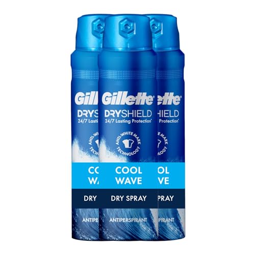 Gillette Dry Spray Antiperspirant and Deodorant for Men, 24/7 Sweat & Odor Protection, Anti-White Mark Technology, Cool Wave Scent, 4.3 oz (Pack of 3)