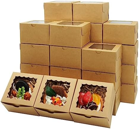 100pcs Cookie Boxes 4x4x2.5 Inches: Bakery Boxes with Window, Treat Boxes, Dessert Boxes, Chocolate Covered Strawberries Boxes- Kraft Paper