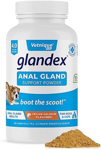 Glandex Dog Fiber Supplement Powder for Anal Glands with Pumpkin, Digestive Enzymes & Dog Probiotics for Digestive Health - Vet Recommended - Boot The Scoot (Vegan Salmon, 4.0oz Powder)
