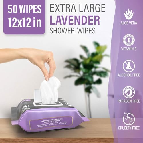 XL Body Wipes for Face and Body, No Rinse Shower Wipes, with Aloe Vera, Vitamin E, and Alcohol Free, 12x12 Lavender 50 Pack