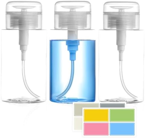 3 Pack Push Down Pump Dispenser,6.7oz Clear Push Top Empty Bottles with DIY Stickers for Alcohol,Nail Polish,Makeup Remover,Toner(200ml)