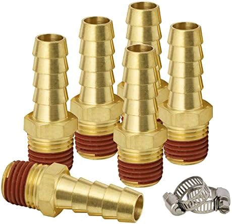 SUNGATOR 6-Pack Air Hose Fittings, 3/8" Barb to 1/4" NPT Air Hose Repair Kit with Sealant, 3/8" to 1/4" NPT Male Brass Fittings, Barbed Gas Line Repair Connectors with 6 Pcs Clamps