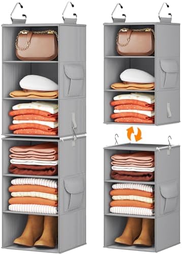 Pipishell 6-Shelf Hanging Closet for Bedroom, Closet Hanging Organizer with 2 Separable 3-Tier Shelves, Side Pockets for Livingroom Dorm Room, Camper and Nursery (Grey)