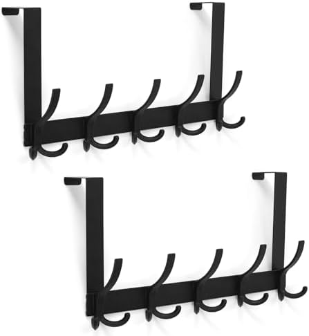 Over The Door Hooks for Hanging, Over The Door Hanger with 5 Triple Coat Hooks, Over The Door Towel Rack for Bathroom, Door Hanger Hooks for Coat, Bags and Hat (Black, 2 Pack)