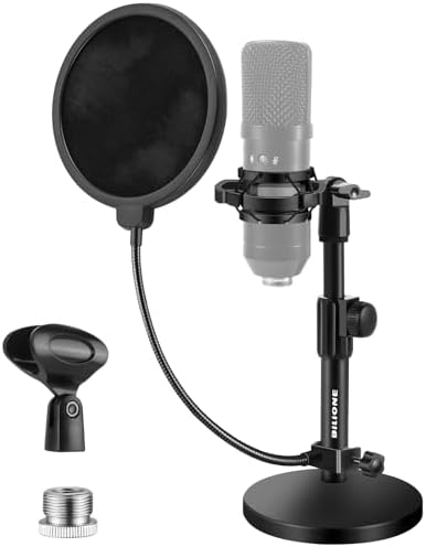 BILIONE Multifunctional Desktop Microphone Stand, Adjustable Mic Stand Desk with Pop Filter, Shock Mount, Microphone Clip, 5/8" to 3/8" Metal Screw Adapter