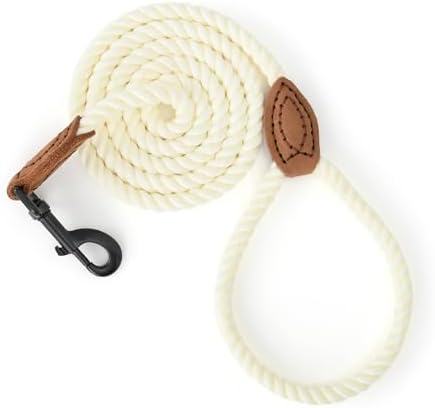 Mile High Life Dog Leash | Braided Cotton Rope Dog Leashes with Leather Tailor Tip | 4 Feet Dog Leash w Heavy Duty Metal Clasp | Wedding Dog Leash (Cream White, 48 Inches)