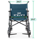 Medline Durable Folding Steel Transport Wheelchair with 12-Inch Wheels, 19-Inch Seat Width, Gray Frame, Microban, Teal Upholstery