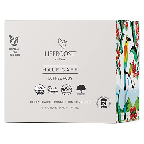 Lifeboost Coffee Half Caff Coffee K Cups - Low Acid Half Caff Coffee Pods - Single Origin Non-GMO Mold Free Pods Compatible with Keurig & Keurig 2 - No Mycotoxins or Pesticides - 10 Count