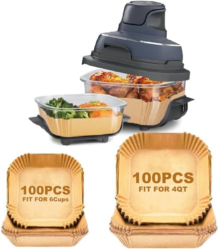 200PCs Air Fryer Paper Liners for Ninja Crispi FN101GY/FN101SG/FN101ST,Non-Stick Square Glass Air Fryer Disposable Accessories, 100pcs Large for 4-QT & 100pcs Small for 6-Cups Container