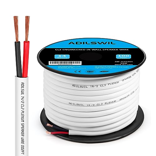 in Wall Speaker Wire Cable 14 Gauge 100FT 14/2 AWG CCA 2 Conductor Red and Black Wire with White Jacket Low Voltage Wires DC Electrical Wire ETL CL2 Rated for Hookup and Extension
