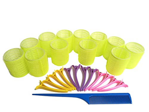Kamay's 12PCS 48mm 1-1/2" Hair Rollers Curlers Rollers With 12 Duckbill Sectioning Clips 1 Comb Used for Hair Styling Self Grip Rollers