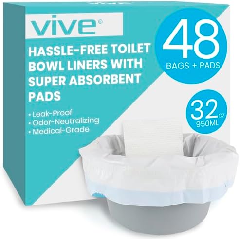 Vive Toilet and Commode Liners with Super Absorbent Pads (48 Pack) - Camping Emergency Toilet Seat Bags - Disposable & Portable Waste Liners for Adults - Hurricane Preparedness Items Supplies Kit