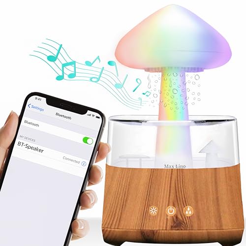 Rain Cloud Humidifier Water Drip Bluetooth Speaker, Mushroom Aromatherapy Essential Oils Diffuser with 7 LED Night Light-Gloomy Rainfall & Raindrops Relaxing Sound for deep Sleep in Bedroom (Wood)