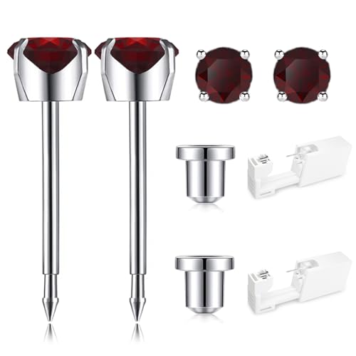 Ear Piercing Kit, Disposable Ear Piercing Gun Kit, 316L Surgical Stainless Steel 4mm Prong Set Cubic Zirconia Stud, At Home Self Ear Piercer Kit with Birthstone Earrings Stud (Ruby)
