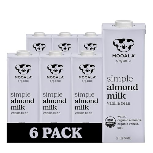 Mooala Organic Simple Almond Milk Vanilla, 32oz - 4 Ingredient, Shelf Stable, No Gums, No Oils, No Fillers, Unsweetened, Non-GMO, No Additives, Dairy Free Plant Based Milk, 6 pack