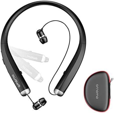 Bluetooth Headphones, AMORNO Foldable Wireless Neckband Headset with Retractable Earbuds, Sports Sweatproof Noise Cancelling Stereo Earphones with Mic (Black)