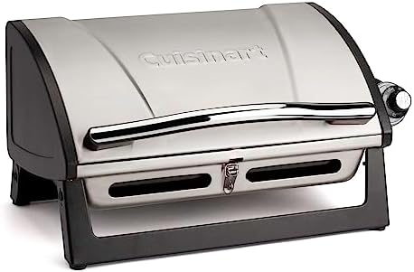 Cuisinart Grillster Portable Gas Grill, Stainless Steel Compact BBQ with Locking Lid for Easy Transport, 8000 BTU Small Propane Grill with Dishwasher Safe Cooking Grate, For Camping and BBQs