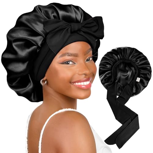 YANIBEST Satin Bonnet Silk Bonnet for Sleeping Double Layer Ajustable Satin Bonnet for Women Men for Curly Natural Hair with Tie Band