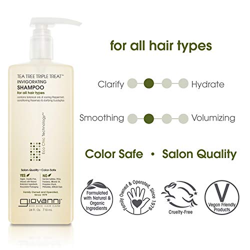 GIOVANNI Tea Tree Triple Treat Invigorating Shampoo - Cooling Peppermint, Eucalyptus & Rosemary, Helps Strengthen & Rejuvenate Hair & Scalp, Salon Quality, Paraben Free, Tea Tree Shampoo - 24 oz