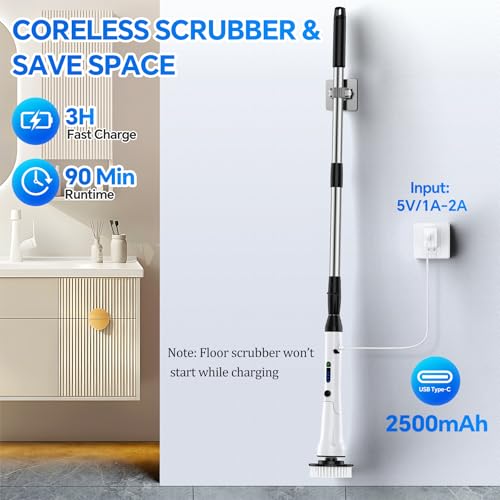 Electric Spin Scrubber, Shower Scrubber with Long Handle, IPX7 Waterproof Bathroom Cleaner Brush, Cordless Electric Cleaning Brush with 7 Replaceable Brush Heads, 2 Speeds Scrubber for Floor Tile Tub