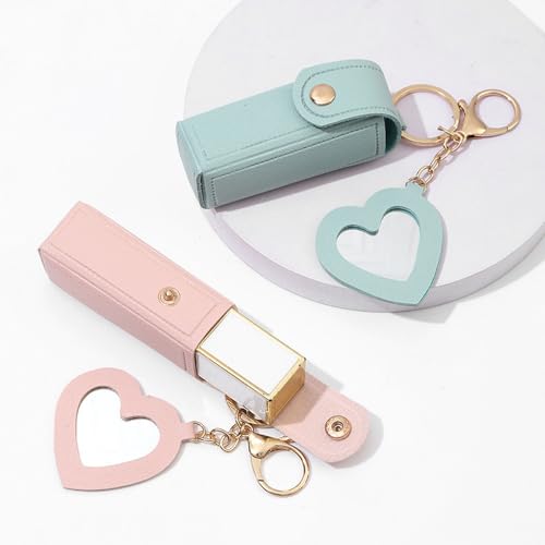 PACK PU Leather Potable Chapstick Holder Key Chain Bulk with Mirror,