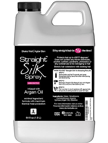 Straight Silk Spray with Moroccan Argan Oil | Hair Straightening Protector & Detangler | Alcohol-Free | Heat Protectant up to 450°F | Flat-Iron | Blow-Dry | Unscented | Hair Spray | MADE IN USA (64oz)
