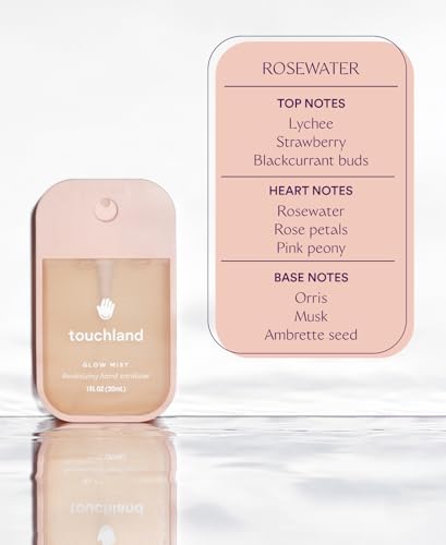 Touchland Glow Mist Revitalizing Hand Sanitizer Spray, Rosewater scented, 500-Sprays each, 1FL OZ