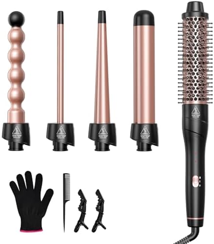 5 in 1 Curling Wand Set, Lopeie Curling Iron with New Upgraded Curling Brush and 4 Interchangeable Ceramic Curling Wand(0.5”-1.25”), Fast Heating, Include Heat Protective Glove & 2 Clips & Hair Brush