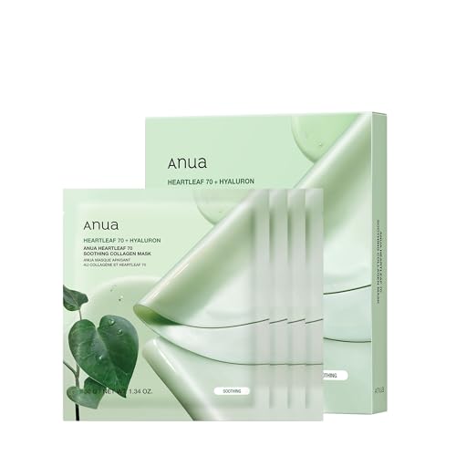 ANUA Heartleaf 70 Soothing Collagen Mask, Overnight Face Mask for Glass Skin, hyaluronic acid, Collagen, Soothing & hydration Facial Mask for Sensitive Skin, Natural Color, Korean Skin Care (38g, 4ea)
