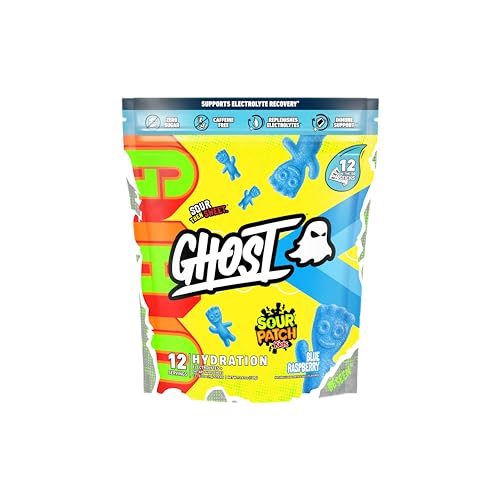 GHOST Hydration Packets, Sour Patch Kids Blue Raspberry, 12 Sticks, Electrolyte Powder - Drink Mix Supplement with Magnesium, Potassium, Calcium, Vitamin C - Vegan, Free of Soy, Sugar & Gluten